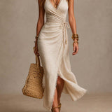 Tatiana | Vestido Midi en Lino Natural con Escote Cruzado y Encaje