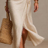 Tatiana | Vestido Midi en Lino Natural con Escote Cruzado y Encaje