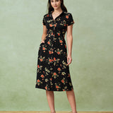 Glória - Vestido Midi Negro Floral