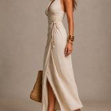 Tatiana | Vestido Midi de Lino Natural con Escote Cruzado y Encaje