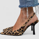 Liorina - Zapatos de tacón kaki con estampado de leopardo y punta afilada