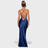 Elena - Vestido de satén azul medianoche