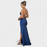 Elena - Vestido de satén azul medianoche